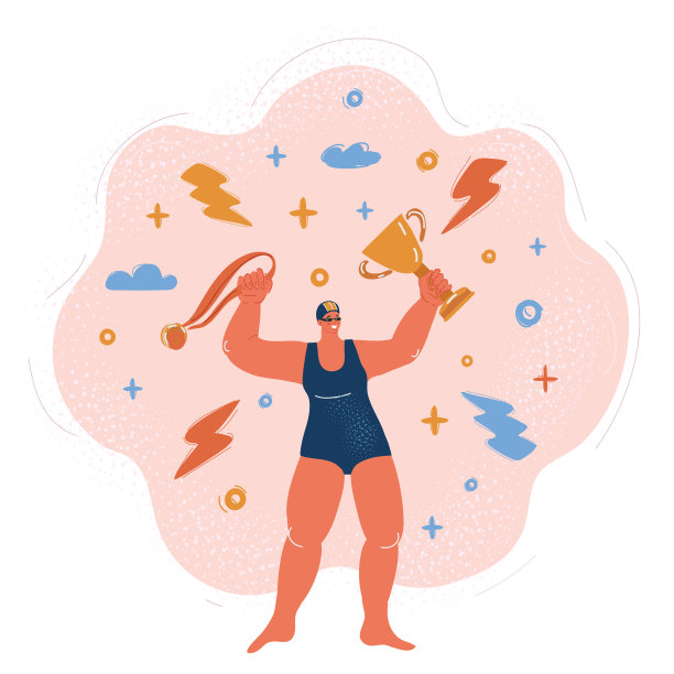 举着金杯奖奖杯的女子游泳者卡通人物的向量插图图片下载