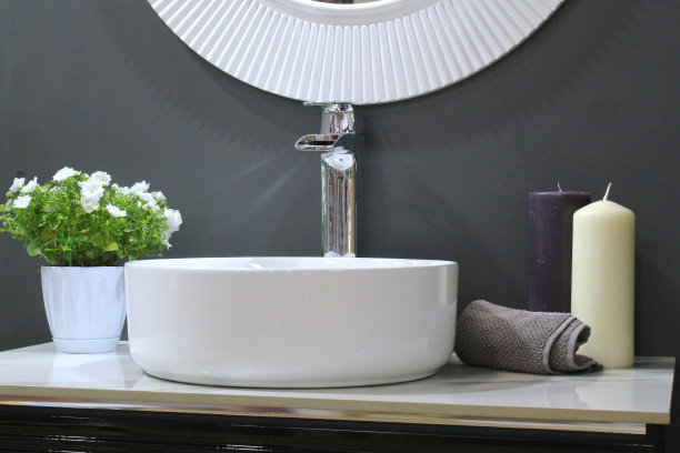 现代住宅中的小现代浴室内部。时尚的装饰元素的房子。瓷水槽和装饰植物在公寓。带有硬件的新潮主机图片下载