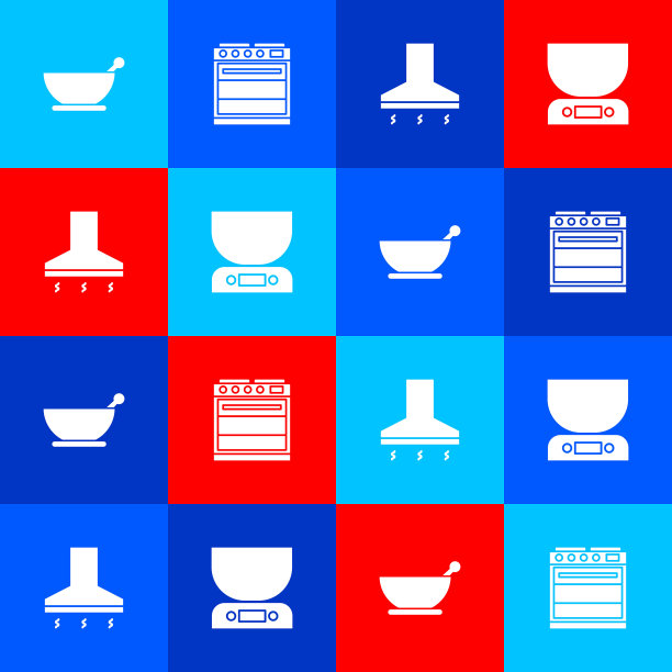 设置臼和杵，烤箱，厨房抽扇和电子秤图标。向量图片下载