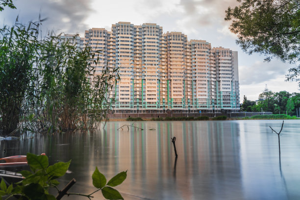 芦苇掠过平静的湖面。图片下载