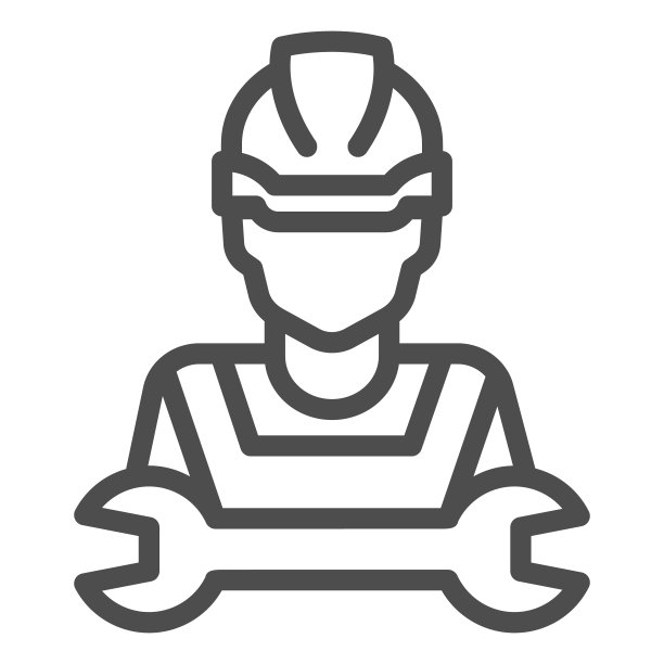 在头盔和扳手线图标，修理概念，工人与工具标志在白色背景，修理人员在安全帽和扳手图标在轮廓风格。矢量图形。图片下载