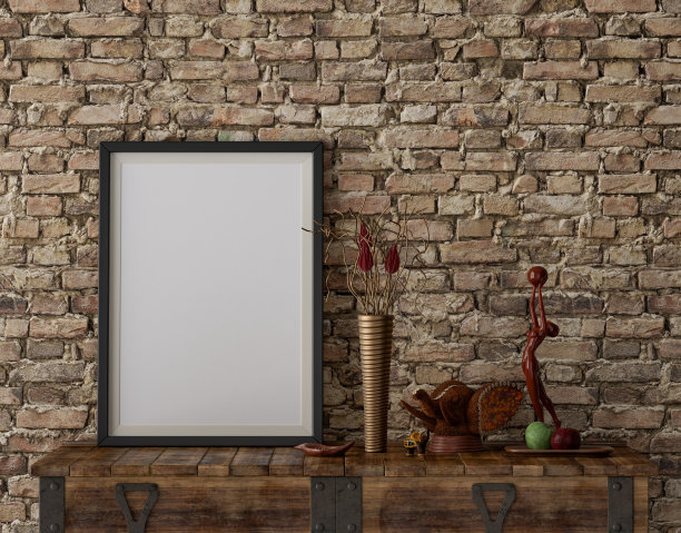 室内梳妆台上的单海报框架，装饰配件，3d渲染图片下载