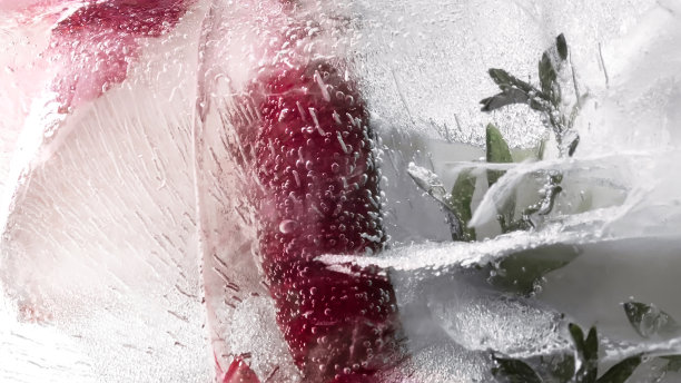 透明的白冰里结着花。图片下载