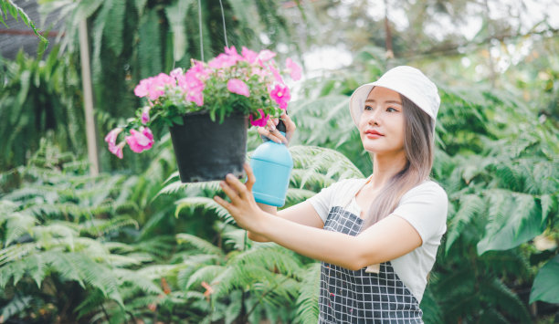 年轻女性的爱好是照顾植物，浇水，铲花。在工作休息的时候在花园里图片下载