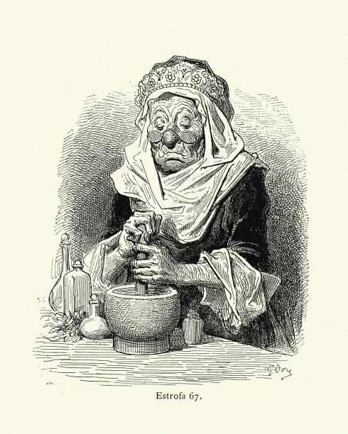 老妇人在调制魔法药水，中世纪骑士传奇图片下载