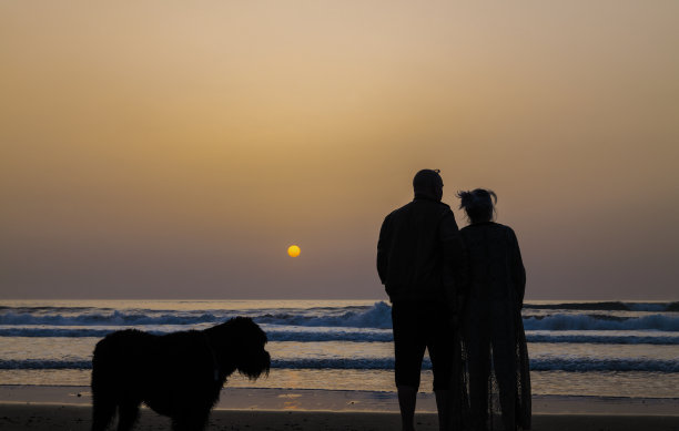 日出时沙滩上一对夫妇和他们的狗的剪影。卡波德加塔自然公园，阿尔梅里亚，西班牙图片下载