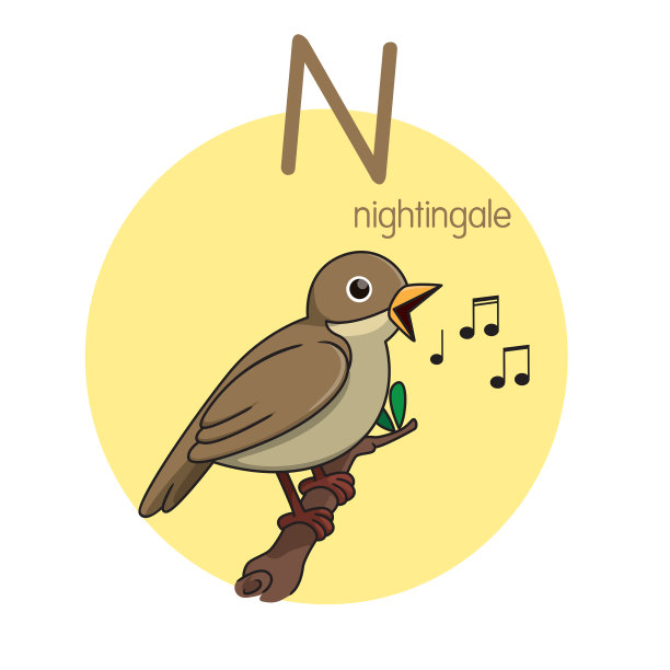 向量插图南丁格尔与字母字母N大写或大写字母为孩子学习实践ABC图片下载