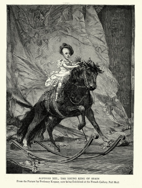 西班牙国王阿方索十三世，小时候骑着摇摆木马图片下载