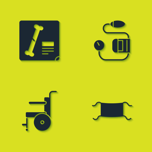 设置x光照片、医用防护口罩、残疾人轮椅和血压图标。向量图片下载