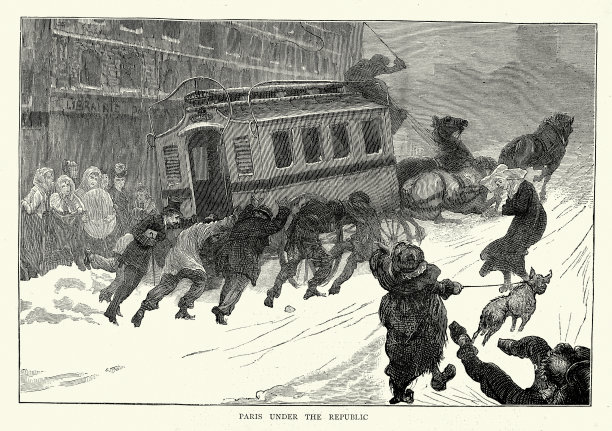 共和国时期的巴黎，人们推着马车在积雪覆盖的道路上行走，维多利亚1872年，19世纪图片下载