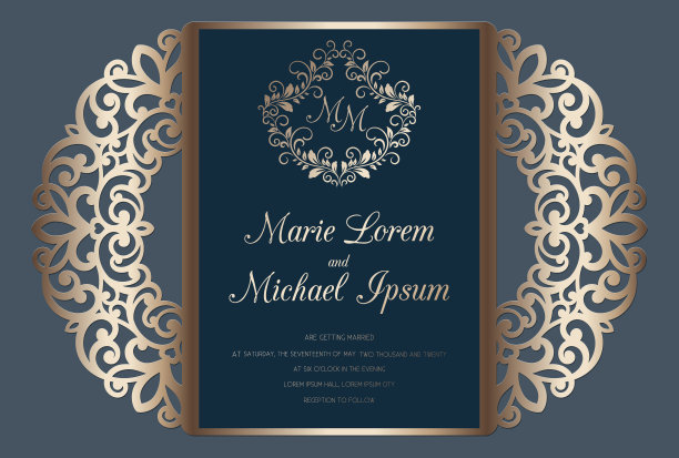 激光切割婚礼邀请门折叠卡模板矢量。有花边图案的剪纸卡。图片下载