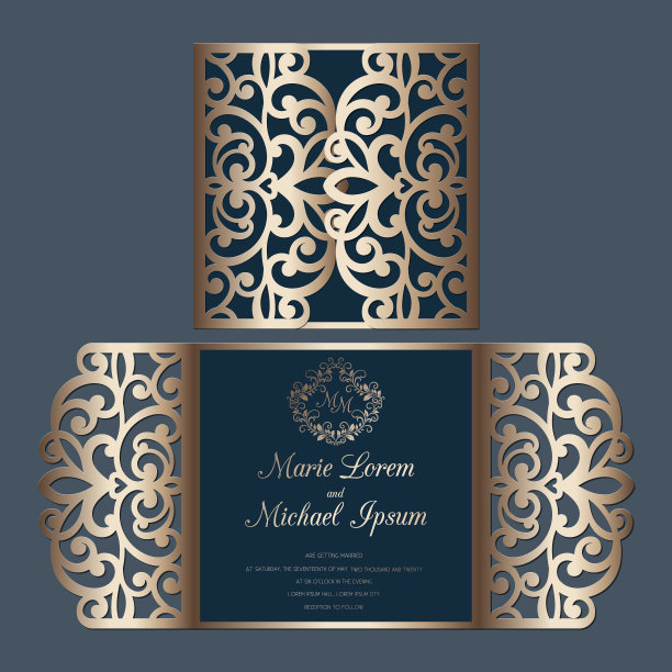 激光切割婚礼邀请门折叠卡模板矢量。有花边图案的剪纸卡。图片下载
