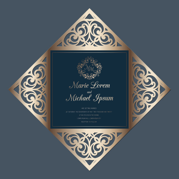 婚礼四折卡激光切割模板，矢量。适合制作贺卡、请柬、菜单。图片下载