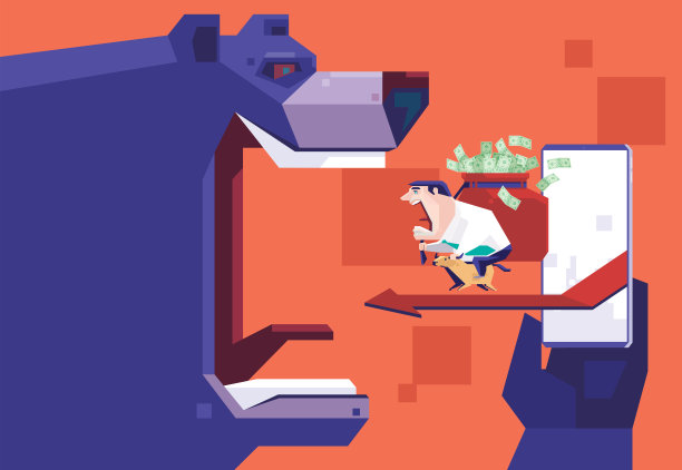 商人背着一袋钱，在智能手机上遇到尖叫的熊图片下载