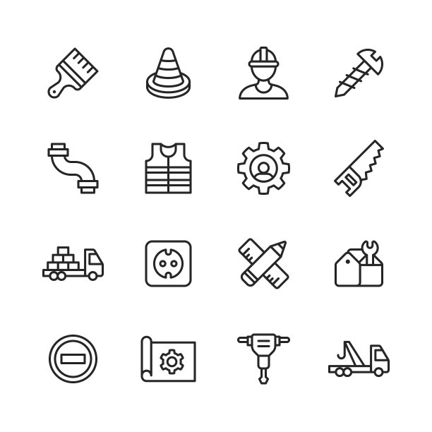 构造线图标。可编辑的中风。像素完美。移动和网络。包含如建设，修理，锯，螺丝，砖块，电力，工具箱等图标。图片下载