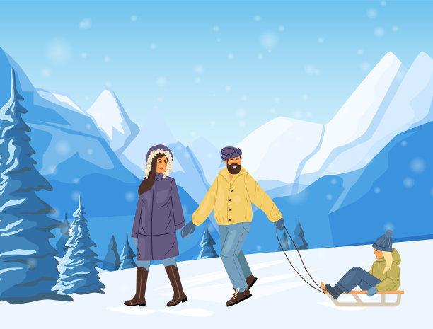 年轻活泼快乐的家庭与孩子坐在雪橇上图片下载