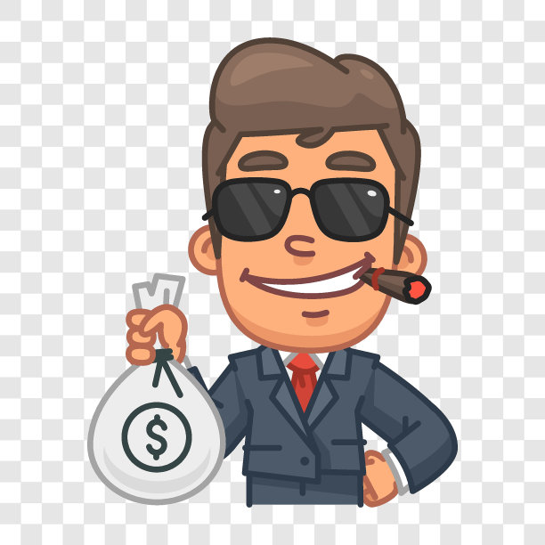 戴着太阳镜的商人，手里拿着钱袋，面带微笑。有趣的角色图片下载
