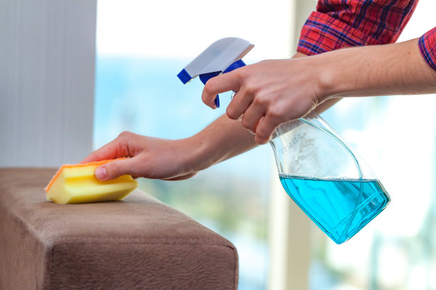 家庭主妇正在打扫房间，用抹布和喷雾擦去家具上的灰尘。家务图片下载