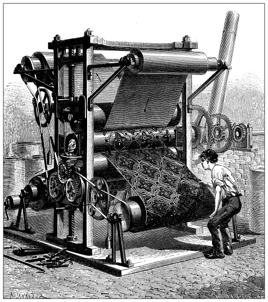 19世纪工业、技术和工艺的仿古插画:纺织和时尚工业，织物的染色、洗涤和印刷图片下载