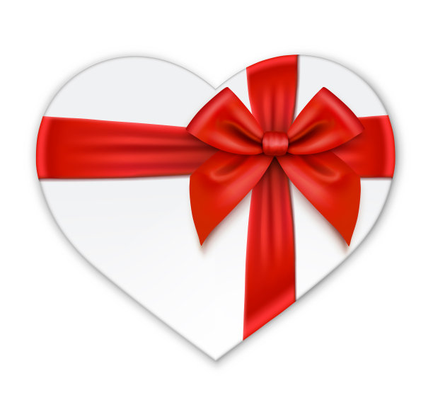 白色心礼盒与红色蝴蝶结和丝带，礼品卡图片下载