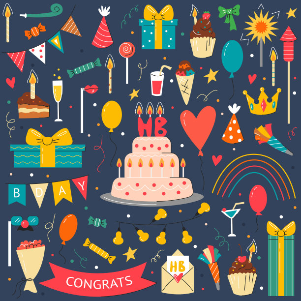 生日派对元素设置在蓝色背景图片下载