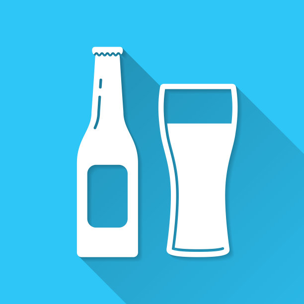 一瓶啤酒和一杯啤酒。蓝色背景上的图标-长阴影平面设计图片下载