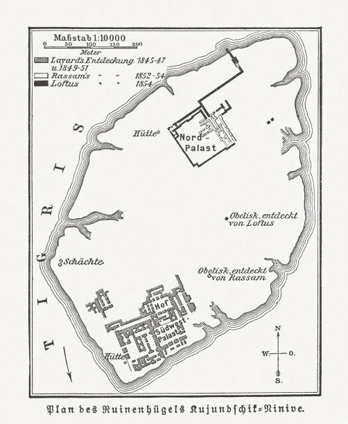 伊拉克库云吉克（尼尼微）地图，1897年木刻版画图片下载