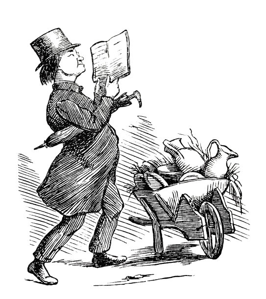 一个戴着大风帽的男人边走边看书，还拿着水壶威胁说要倒在独轮手推车上图片下载