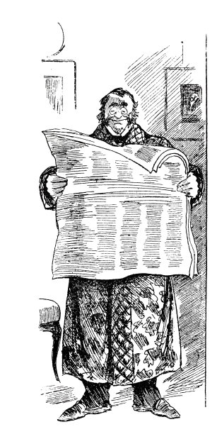 胖子穿着滑稽的晨衣，站着看报纸图片下载