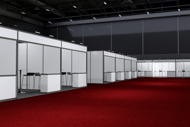 展示架，企业标识，展示设计。空的展台设计。展厅零售展台元素。展位设计贸易展。空白展位系统的图形资源。三维背景在线活动，会议，现场。3 d渲染。图片下载