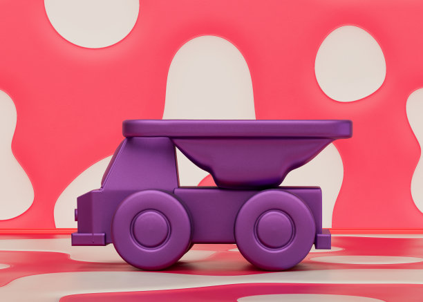 紫色自卸卡车玩具在学龄前儿童的粉红色房间，3d渲染图片下载