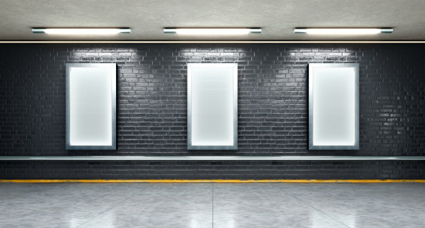 走廊黑色墙上的城市灯箱。三维演示图片下载