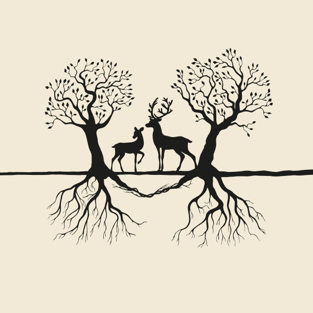 鹿在两棵树下相爱图片下载