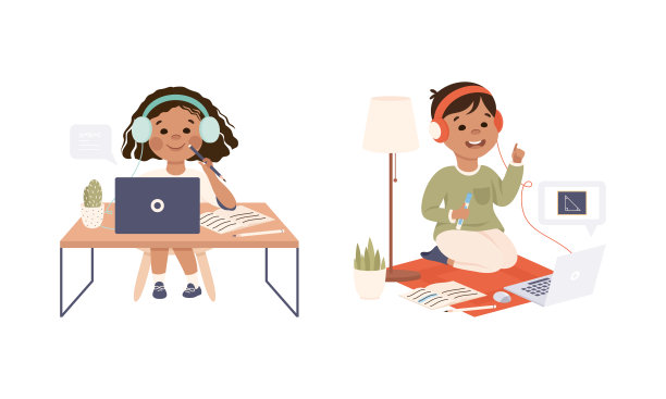 孩子们使用笔记本电脑在线学习。远程学习的学生。家庭教育，电子学习卡通矢量插图图片下载