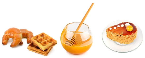 甜的糕点和蜜蜂的蜂蜜隔离在白色。拼贴画。宽的照片。图片下载