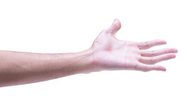男性伸出手，准备帮助或接受。手势孤立在白色背景上。图片下载