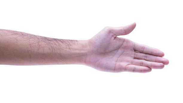 男性伸出手，准备帮助或接受。手势孤立在白色背景上。图片下载