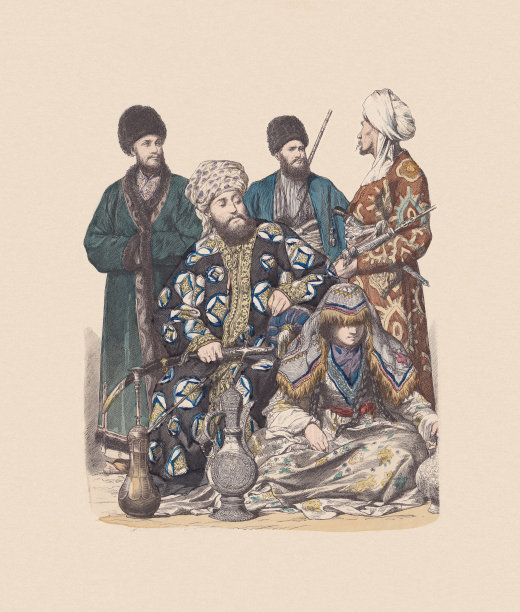 19世纪中亚服饰，手工着色木刻，1880年出版图片下载