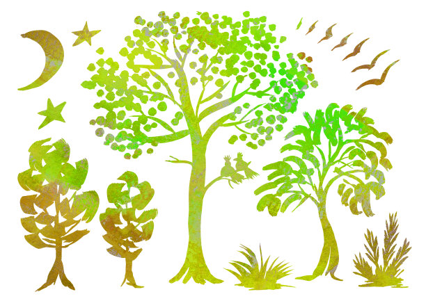 水彩设置夜间森林景观在白色背景。绿色和棕色梯度树，月亮，鸟，星，草和灌木silhuete图片下载