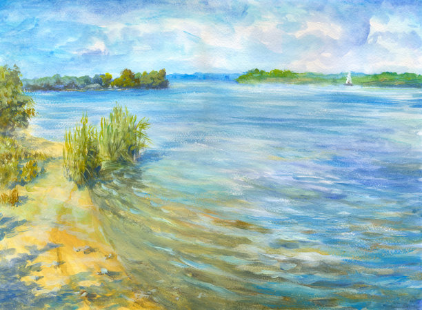 湖滨，水彩画图片下载