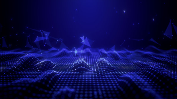 蓝色粒子波流动，线与点连接，数字网络空间未来感，技术区块链网络抽象背景，3d渲染图片下载