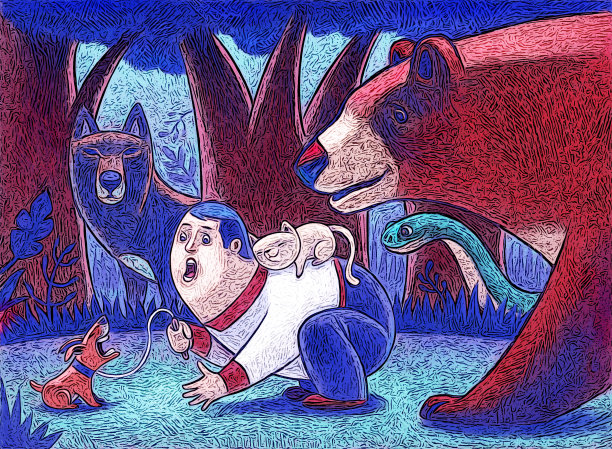 人与狗在森林里遇见熊图片下载