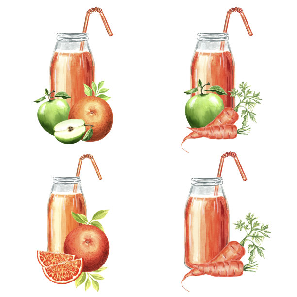 橙色的瓶子，胡萝卜，橙子和苹果的剪贴画。图片下载