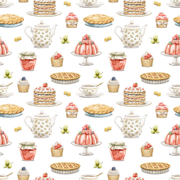水彩无缝图案与复古的甜品，纸杯蛋糕，馅饼和果酱图片下载