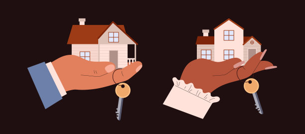 男性和女性的手拿着钥匙的房子，在黑色背景上孤立的平面矢量插图。图片下载