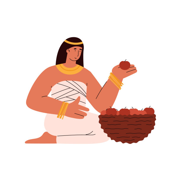 微笑的埃及年轻女子把苹果放在柳条篮子里图片下载