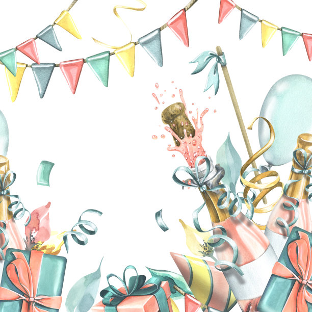 粉红香槟杯和瓶子飞软木塞，礼盒，气球，五彩纸屑和旗帜。水彩插图，手绘。模板，框架在一个白色的背景。图片下载