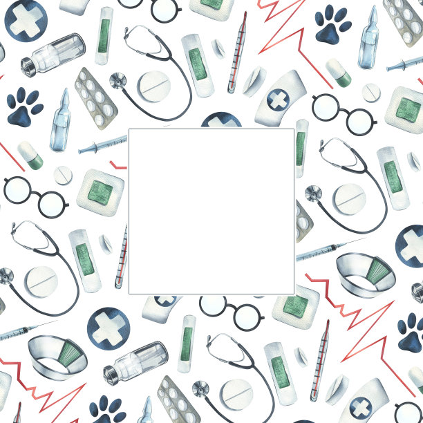 兽医医疗器械，药品，听诊器，白底蓝十字。水彩插图手绘。方形模板，白色背景上的框架。图片下载