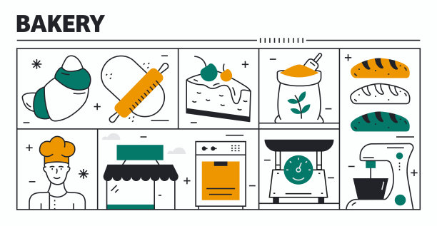 烘焙矢量设计。设计是可编辑的，颜色可以改变。矢量集的创意图标:烤箱，面粉，珠，厨师，搅拌机，蛋糕图片下载