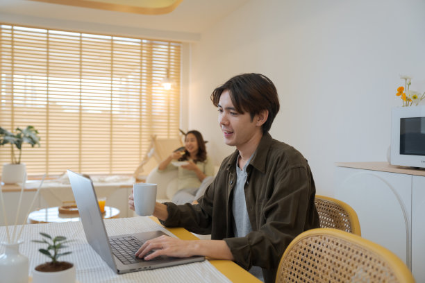 男友在家网上订票。图片下载